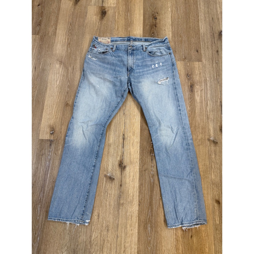 Polo Ralph Lauren Varick Slim Straight Distressed Light Wash Blue‎ Jeans 36x32